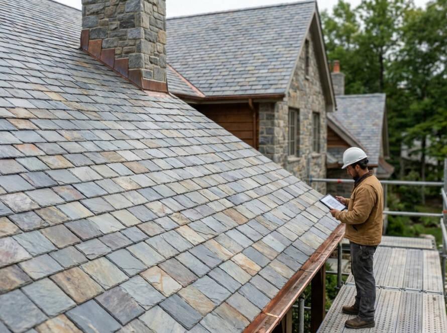 A professional in a hard hat inspects a beautifully crafted residential slate roof, highlighting its varied grey-blue textures under natural light.
