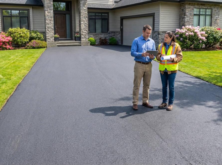 Homeowner and contractor discuss a newly paved dark gray asphalt driveway in front of a modern suburban house with lush landscaping.