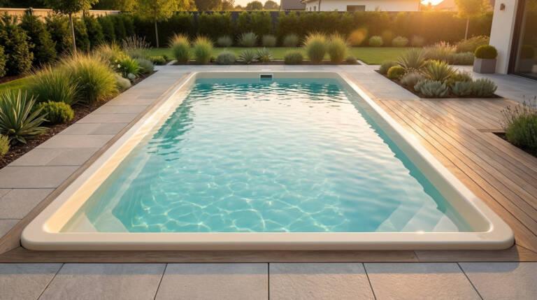 Modern shell pool with clear blue water in a contemporary landscaped backyard. Features light paving, wood decking, and warm sunset glow.