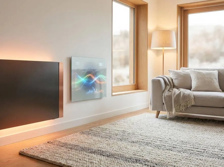 Intérieur moderne avec canapé, radiateur design rétroéclairé et écran intelligent affichant des données énergétiques.