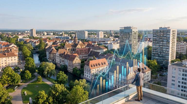 Man on balcony overlooking Mulhouse, France, with holographic charts showing real estate market trends and property values.