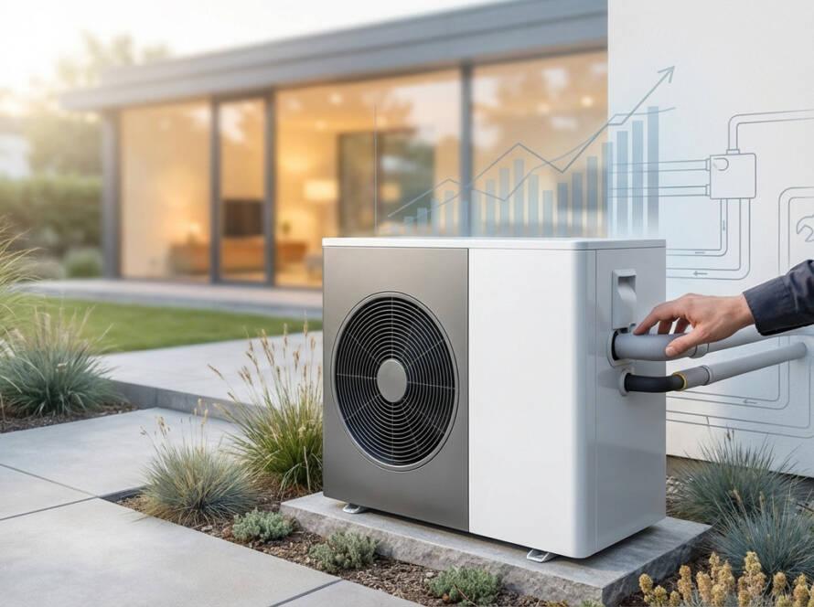 Modern gray and white heat pump in a garden with a house in the background. A hand touches a pipe, with efficiency graphs and installation schematics overlaid.