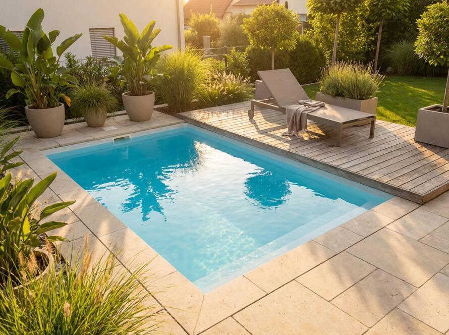 A photorealistic image of a modern mini-pool with clear blue water, surrounded by stone tiles, wooden deck, potted plants, and a lounge chair under warm sunlight.