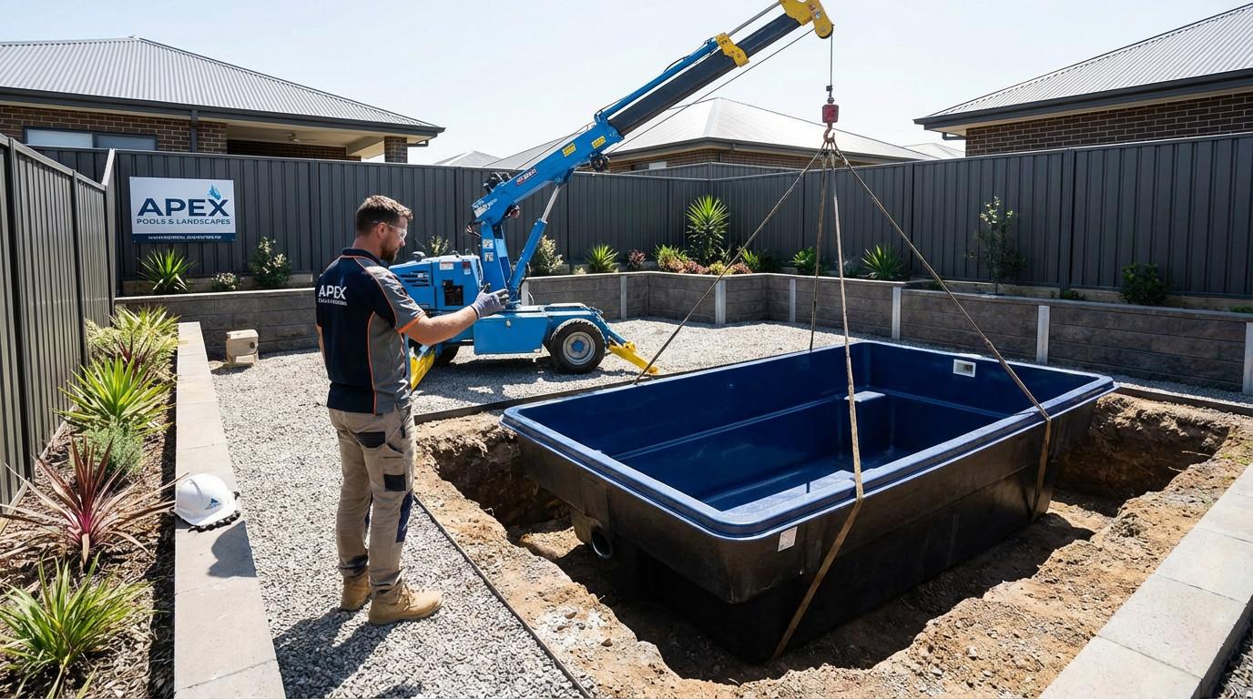 Installation professionnelle d'une piscine coque en fibre de verre dans un jardin résidentiel