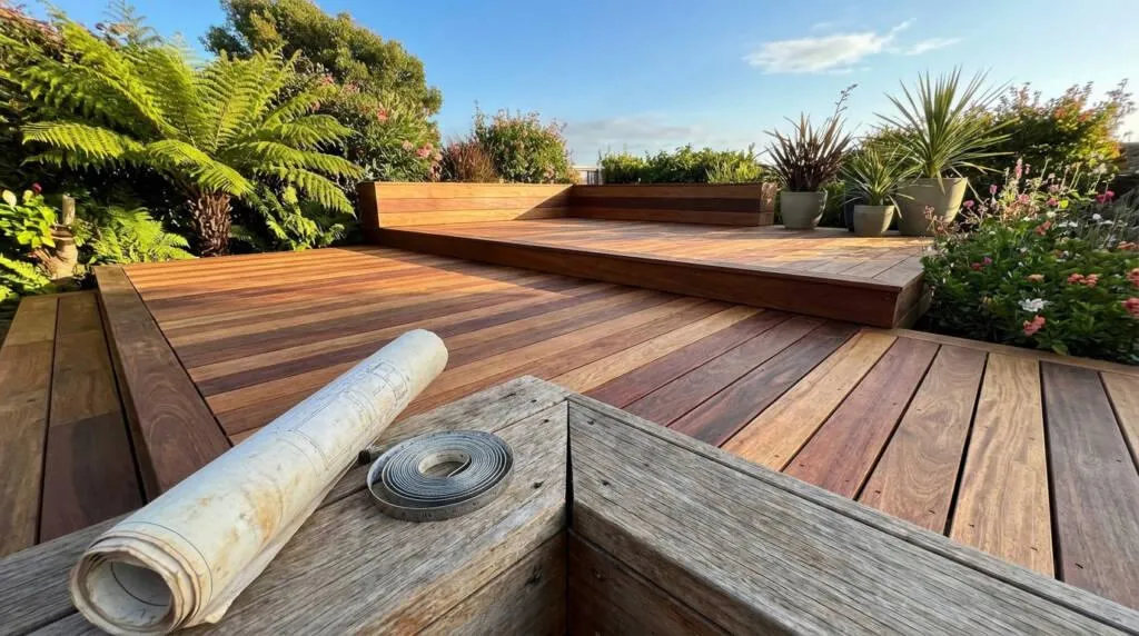 Photorealistic wooden deck in a modern garden, bathed in warm sun. Rich wood tones, blueprint, and lush foliage create an inviting scene.