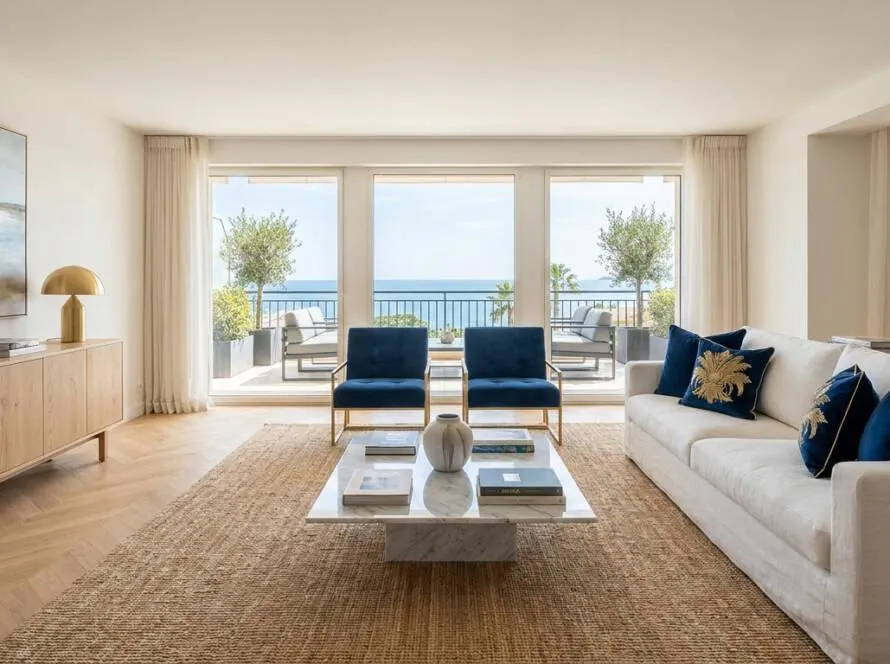 Salon lumineux et moderne avec grand canapé blanc, fauteuils bleus, table basse marbre et vue imprenable sur la mer.