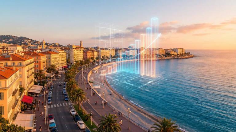 Vibrant golden hour panoramic of Nice, France, Promenade des Anglais, Belle Époque buildings, and abstract glowing real estate data.