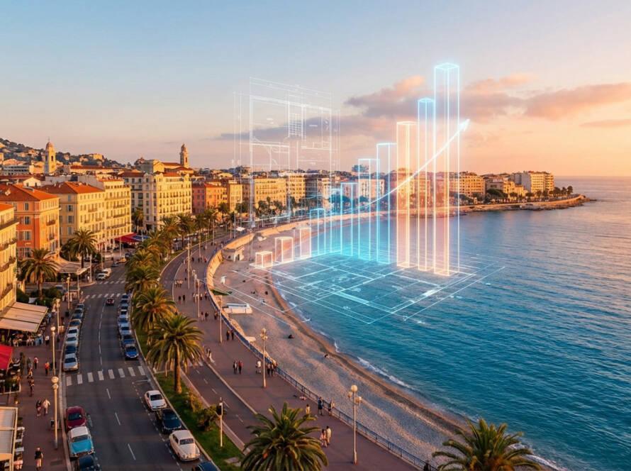 Vibrant golden hour panoramic of Nice, France, Promenade des Anglais, Belle Époque buildings, and abstract glowing real estate data.