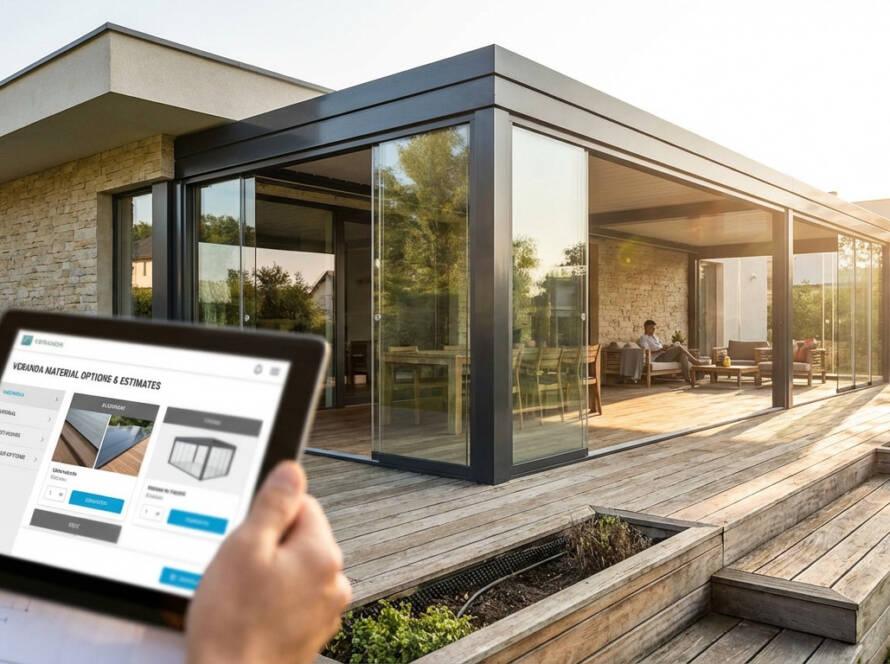 Hand on tablet showing veranda options and estimates, with a modern house and glass veranda in warm daylight.