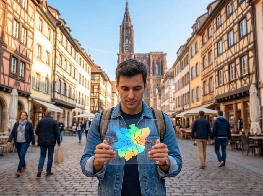 Man in Strasbourg views a transparent digital tablet with a colorful, gradient map showing real estate prices, framed by historic architecture and the Cathedral spire.