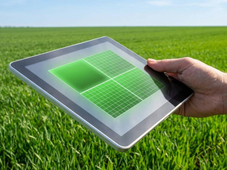 Hand holds tablet displaying green square (hectare) segmented into grid (square meters) over a vast green field under blue sky.