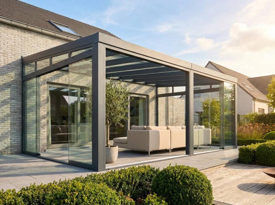 A modern glass veranda extension with dark grey frames, light sofa, and olive tree, attached to a light brick house overlooking a sunny garden.