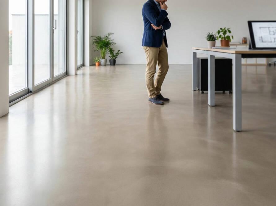 Man evaluating a sleek, light grey polished concrete floor in a modern, sunlit interior with a project plan on a tablet.