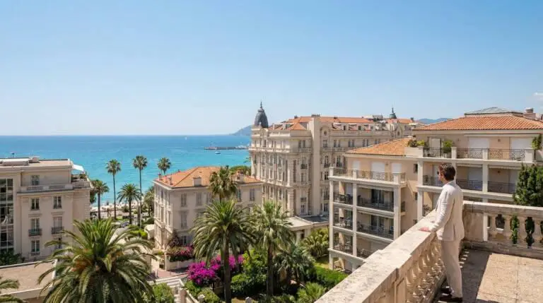 Wide shot of Cannes, France. A man in light clothes on a balcony views the luxurious city, palm trees, and blue Mediterranean Sea.