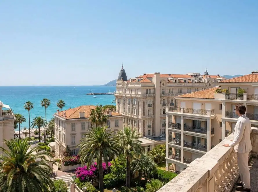 Wide shot of Cannes, France. A man in light clothes on a balcony views the luxurious city, palm trees, and blue Mediterranean Sea.