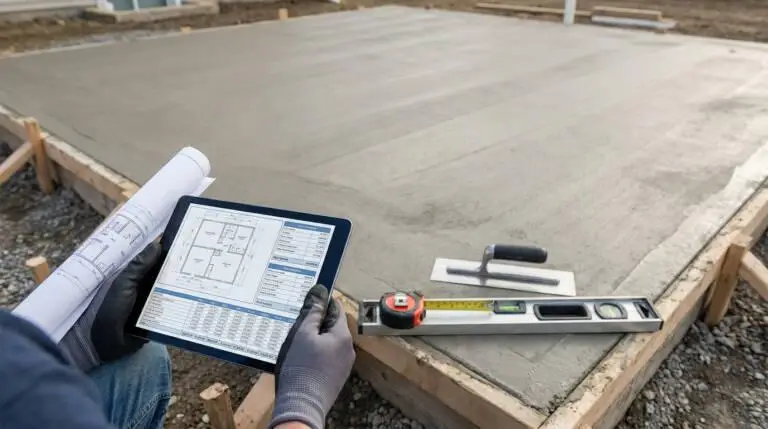 Hands review digital plans and cost estimates for a concrete slab project, with tools and a fresh slab in the background.