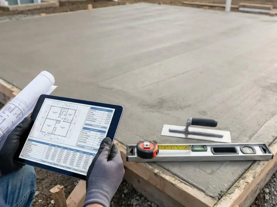 Hands review digital plans and cost estimates for a concrete slab project, with tools and a fresh slab in the background.