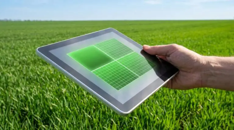 Hand holds tablet displaying green square (hectare) segmented into grid (square meters) over a vast green field under blue sky.