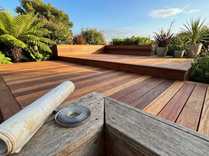 Photorealistic wooden deck in a modern garden, bathed in warm sun. Rich wood tones, blueprint, and lush foliage create an inviting scene.