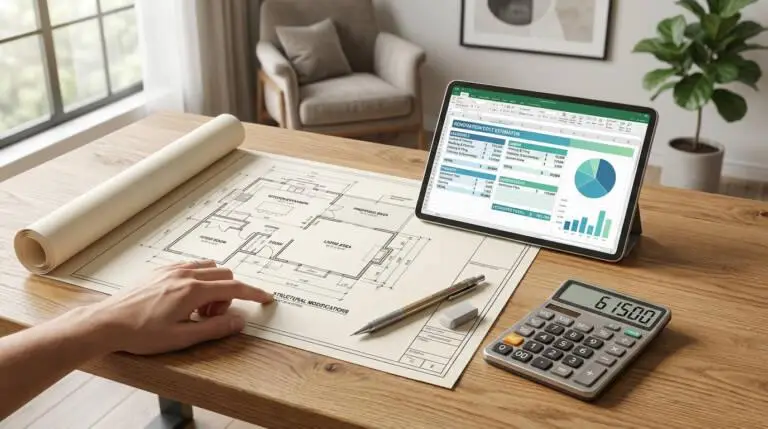 Hand points at a house blueprint on a wooden desk. A tablet shows a renovation cost spreadsheet, with a calculator nearby.