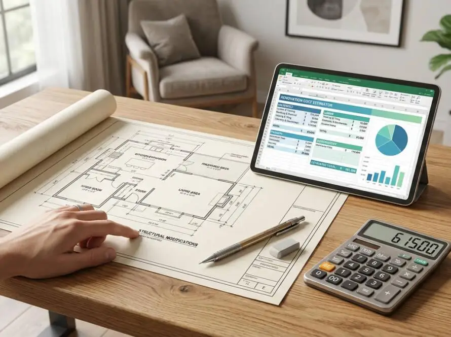 Hand points at a house blueprint on a wooden desk. A tablet shows a renovation cost spreadsheet, with a calculator nearby.