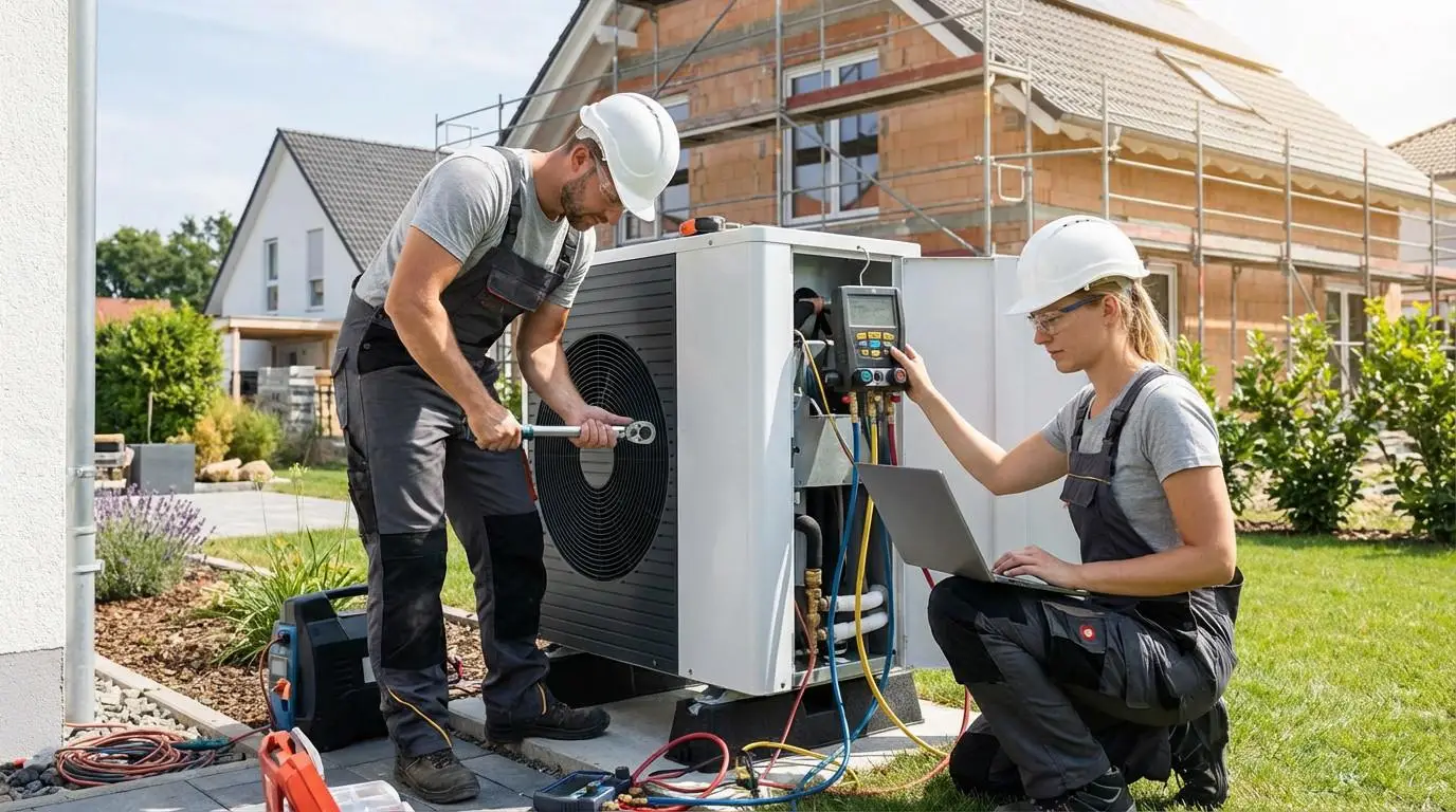 Installation professionnelle d'une unité extérieure de pompe à chaleur moderne