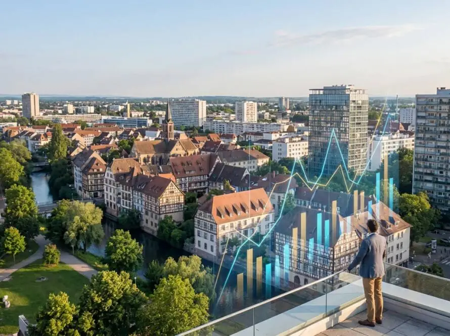 Man on balcony overlooking Mulhouse, France, with holographic charts showing real estate market trends and property values.