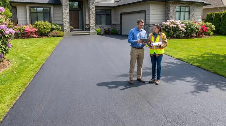 Homeowner and contractor discuss a newly paved dark gray asphalt driveway in front of a modern suburban house with lush landscaping.