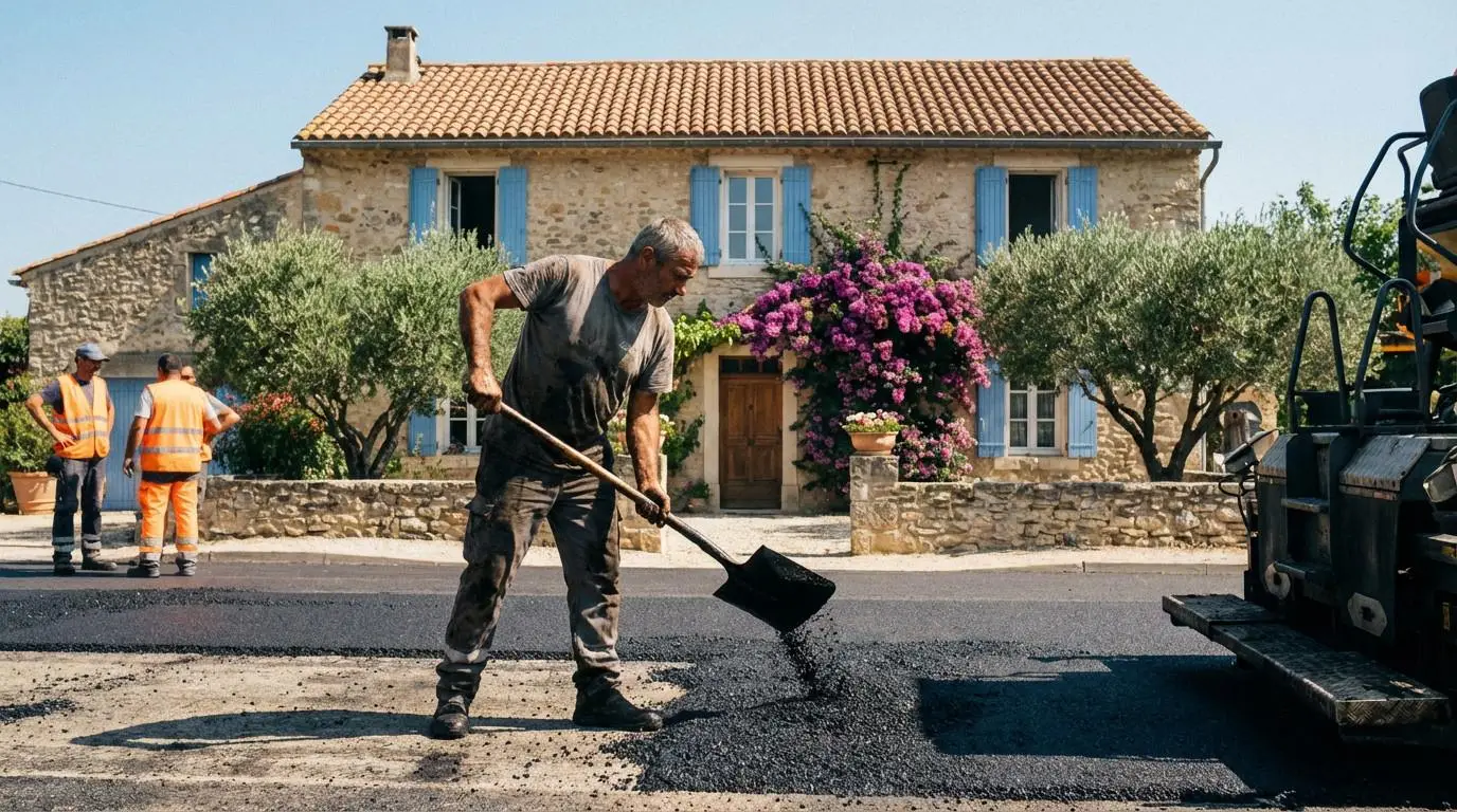 Pose professionnelle d'un enrobé noir à chaud sur une allée de particulier sous le soleil