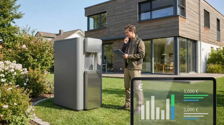 Man in work attire evaluates a modern micro-purification station in a garden. A digital overlay shows euro costs and potential aid.