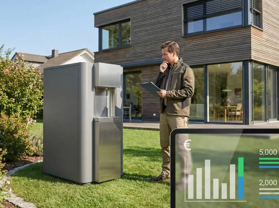 Man in work attire evaluates a modern micro-purification station in a garden. A digital overlay shows euro costs and potential aid.