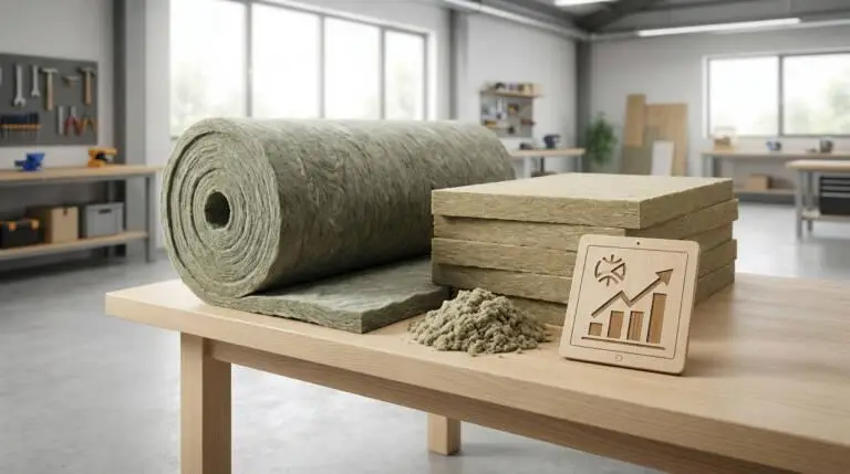A photorealistic image of rock wool insulation products: a large roll, stacked panels, and loose-fill, on a table in a workshop. A wooden tablet shows a rising bar chart symbol.