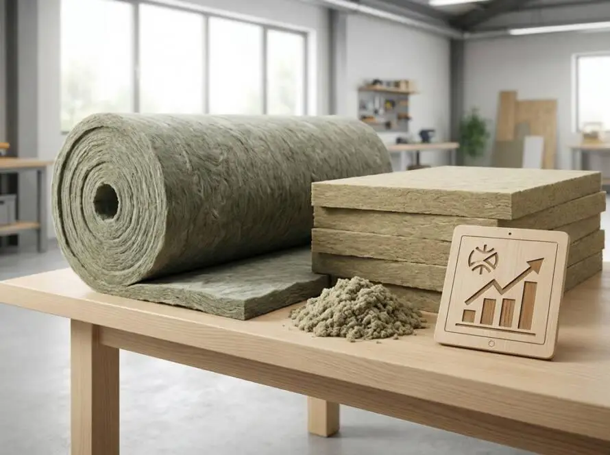 A photorealistic image of rock wool insulation products: a large roll, stacked panels, and loose-fill, on a table in a workshop. A wooden tablet shows a rising bar chart symbol.