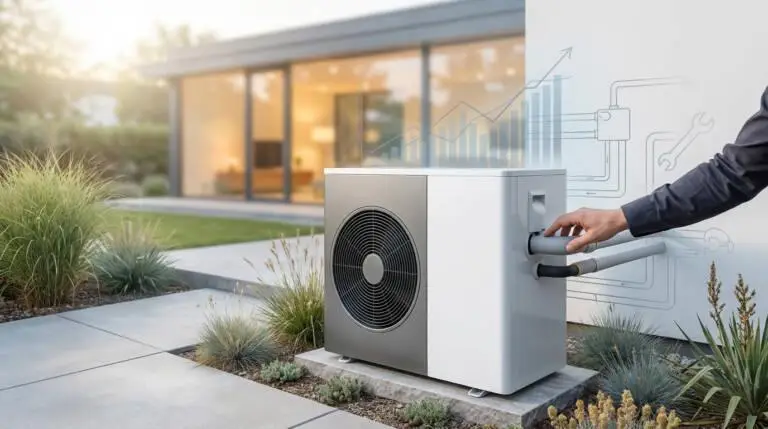 Modern gray and white heat pump in a garden with a house in the background. A hand touches a pipe, with efficiency graphs and installation schematics overlaid.