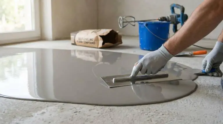 Hands in grey gloves expertly spreading wet, self-leveling grey compound on a concrete floor with a metal trowel in a renovation room. Tools visible.