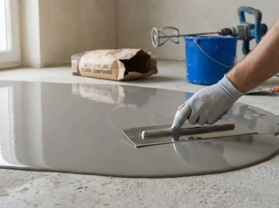 Hands in grey gloves expertly spreading wet, self-leveling grey compound on a concrete floor with a metal trowel in a renovation room. Tools visible.