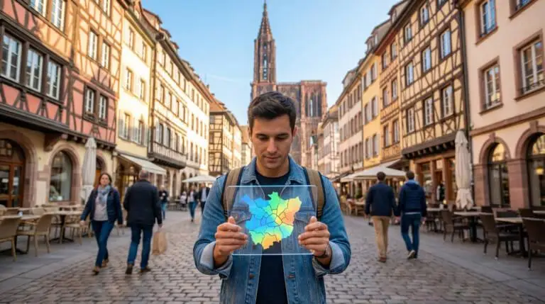 Man in Strasbourg views a transparent digital tablet with a colorful, gradient map showing real estate prices, framed by historic architecture and the Cathedral spire.