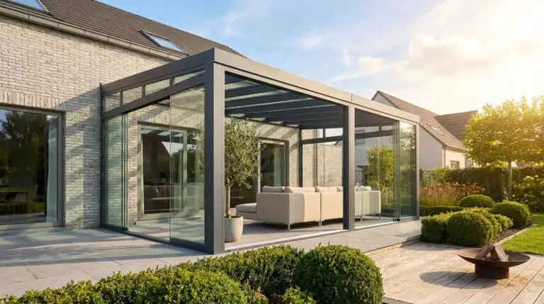 A modern glass veranda extension with dark grey frames, light sofa, and olive tree, attached to a light brick house overlooking a sunny garden.
