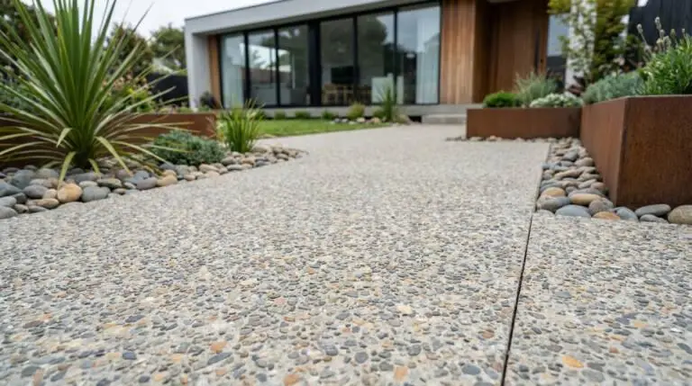 Pristine deactivated concrete pathway with exposed aggregate texture, leading to a modern home with large windows and lush landscaping.