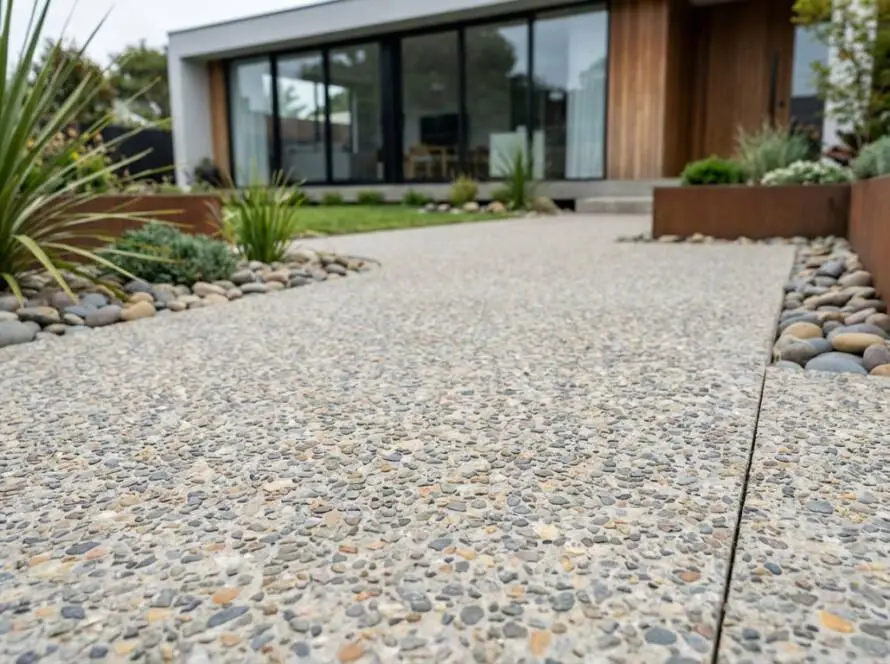 Pristine deactivated concrete pathway with exposed aggregate texture, leading to a modern home with large windows and lush landscaping.