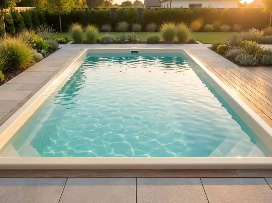 Modern shell pool with clear blue water in a contemporary landscaped backyard. Features light paving, wood decking, and warm sunset glow.