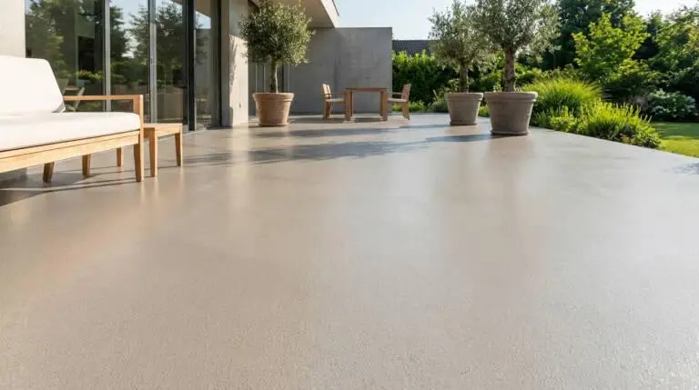 Modern outdoor terrace featuring a smooth, light grey resin surface, minimalist furniture, and vibrant garden under bright sun.