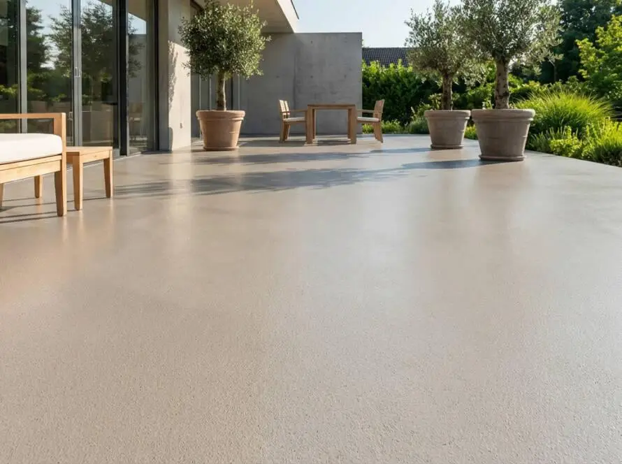 Modern outdoor terrace featuring a smooth, light grey resin surface, minimalist furniture, and vibrant garden under bright sun.